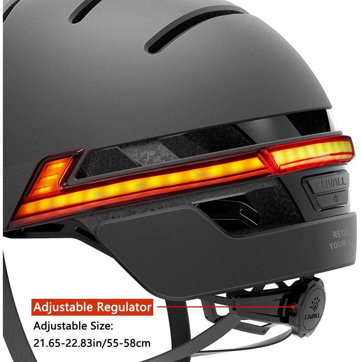 Casco negro con luces LED traseras. Regulador de tamaño ajustable. Negro y gris.
