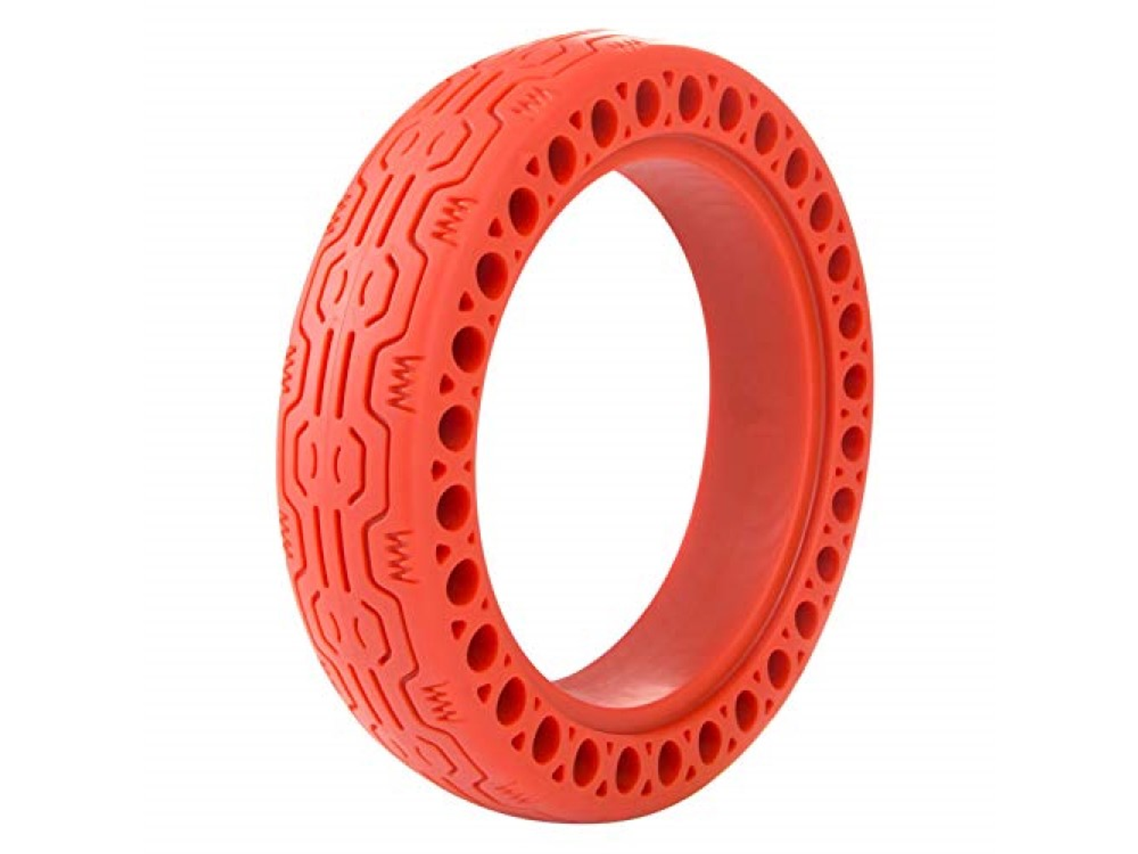 Un neumático rojo con superficie estampada y numerosos agujeros circulares.