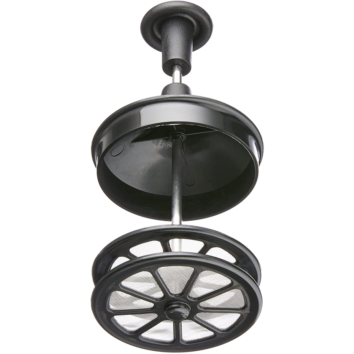 Czarny zaparzacz do kawy, zdemontowany. Posiada tłok i filtr.