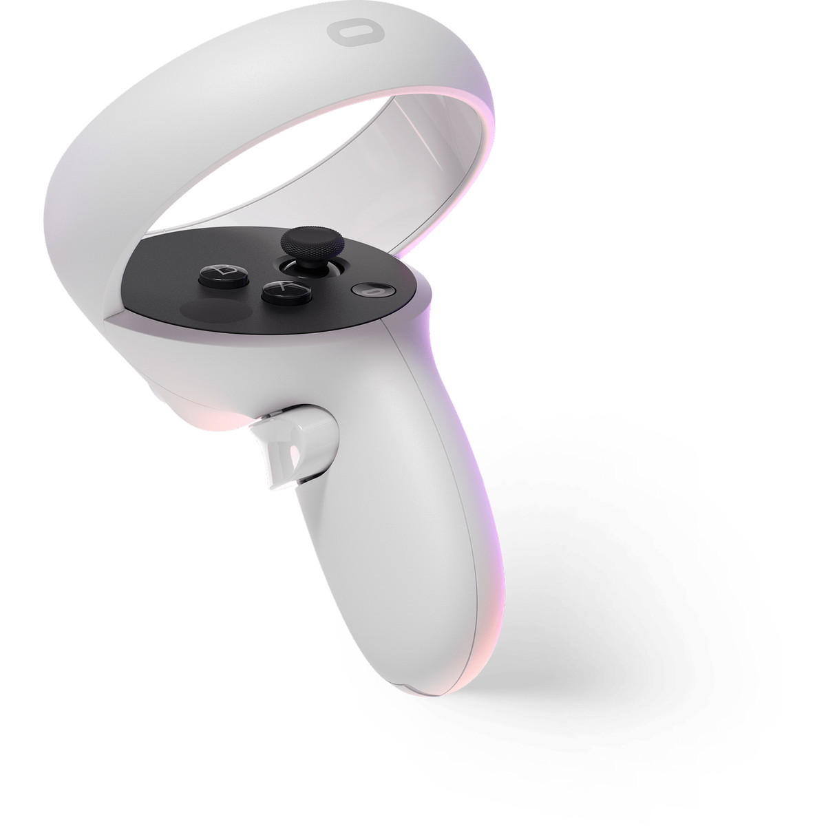 Un controlador VR blanco con botones y un gatillo, y un joystick negro.