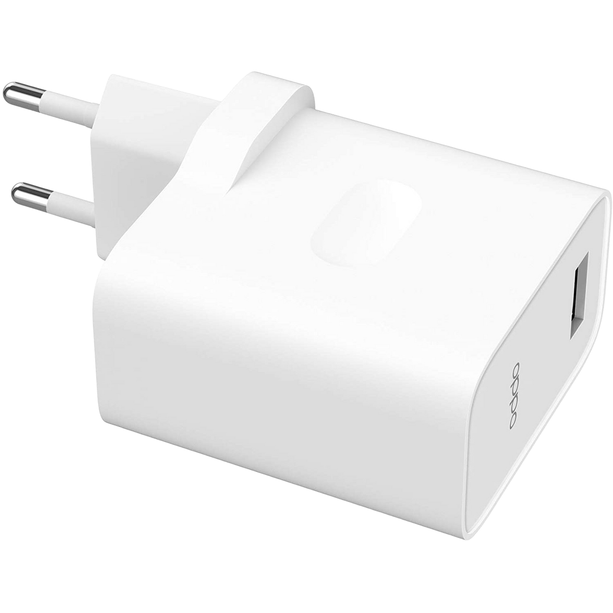 Witte telefoonlader met twee pinnen voor het stopcontact en een USB-poort.