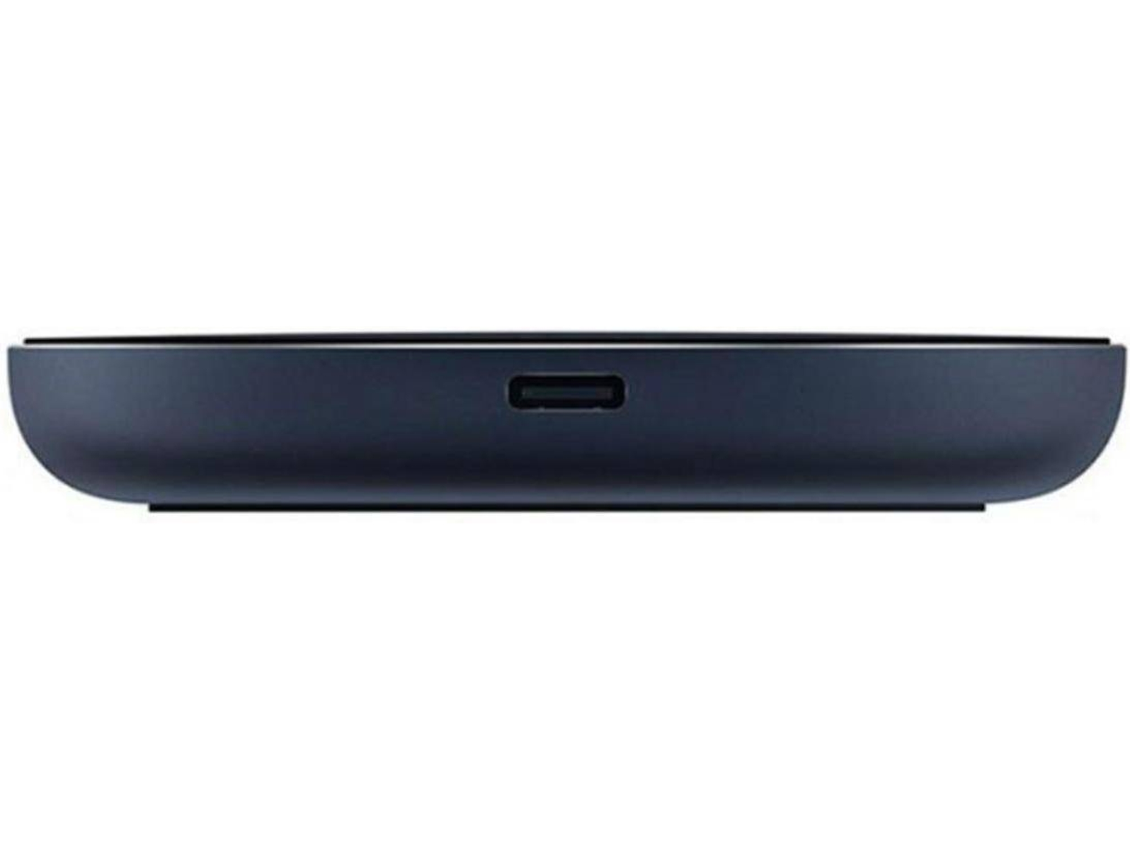 Un dispositivo azul oscuro con puerto USB-C sobre fondo blanco, vista lateral.