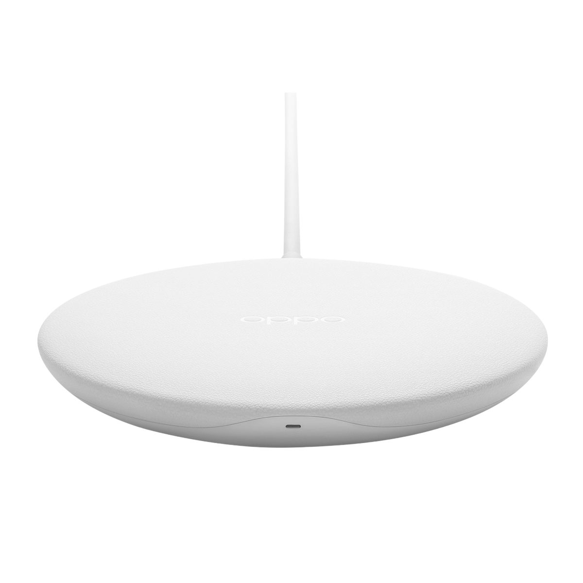 Chargeur sans fil blanc et rond avec un câble blanc.
