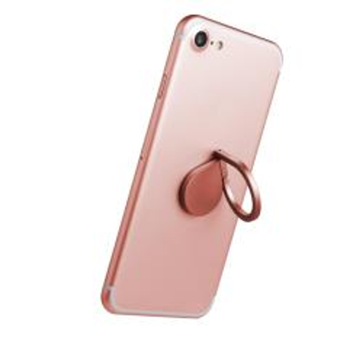 Teléfono rosa con soporte de anillo. El teléfono inclinado hacia el espectador, mostrando la parte trasera.