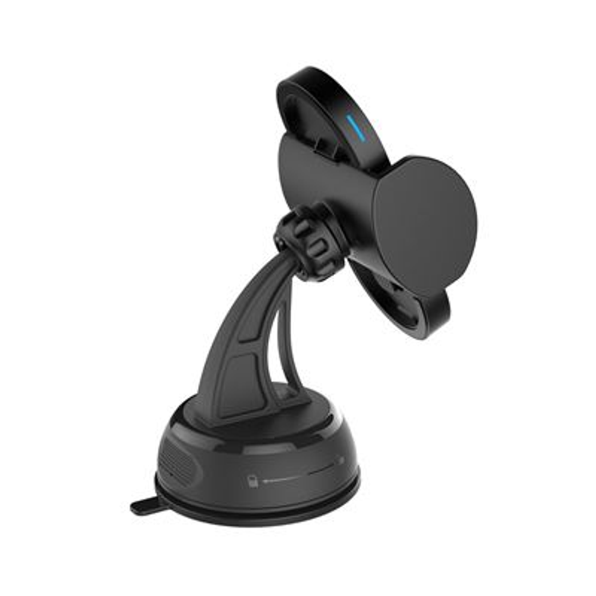 Un soporte negro para teléfono para coche. Tiene una base de ventosa y un brazo curvo.