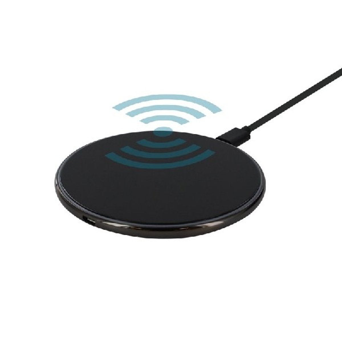 Base de carga inalámbrica negra con un icono de onda azul claro sobre fondo blanco.