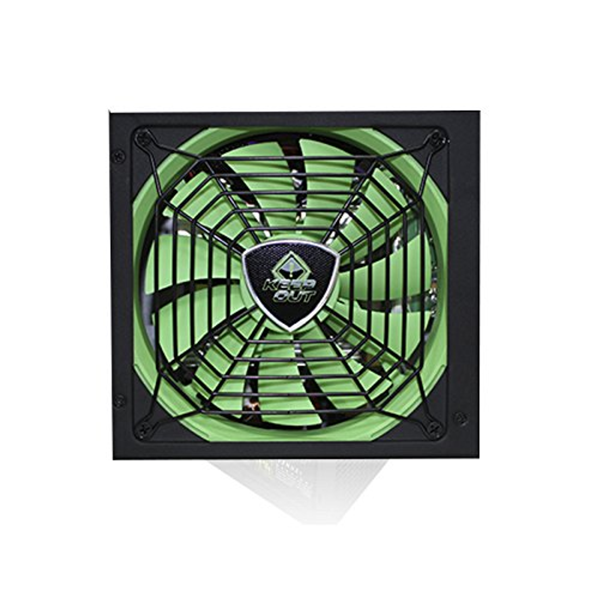 Una fuente de alimentación para computadora con un ventilador verde y una rejilla de metal negro.