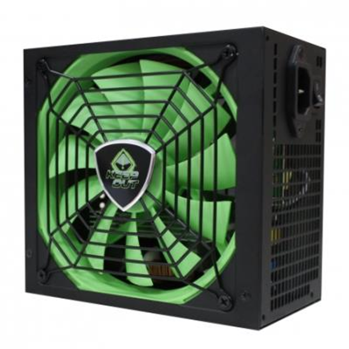 Fuente de alimentación de computadora negra y verde con ventilador verde detrás de una rejilla.