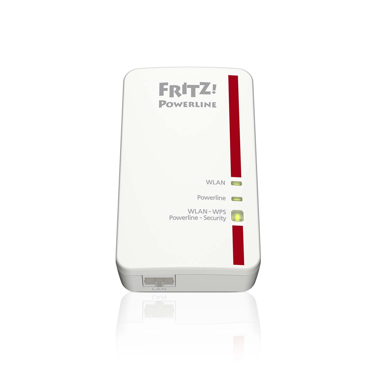 Adattatore FRITZ! Powerline bianco con dettagli rossi e indicatori.