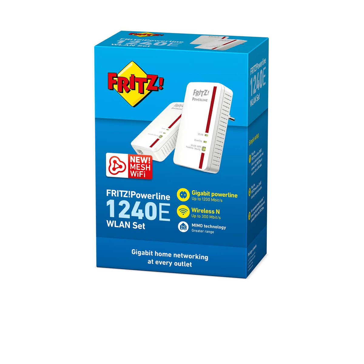 Scatola FRITZ!Powerline 1240E WLAN Set, con due adattatori bianchi visibili.