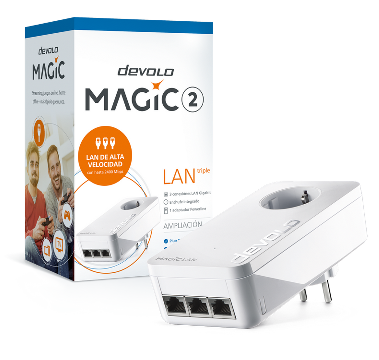 Caja del producto Devolo Magic 2 y adaptador powerline. Dos personas jugando en la caja.