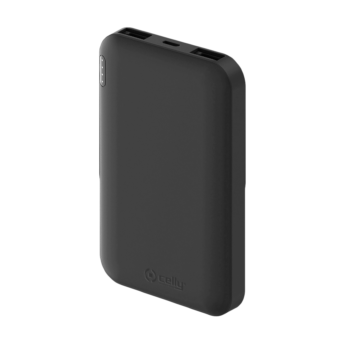 Power bank portatile nero con due porte USB e un logo, su sfondo bianco.