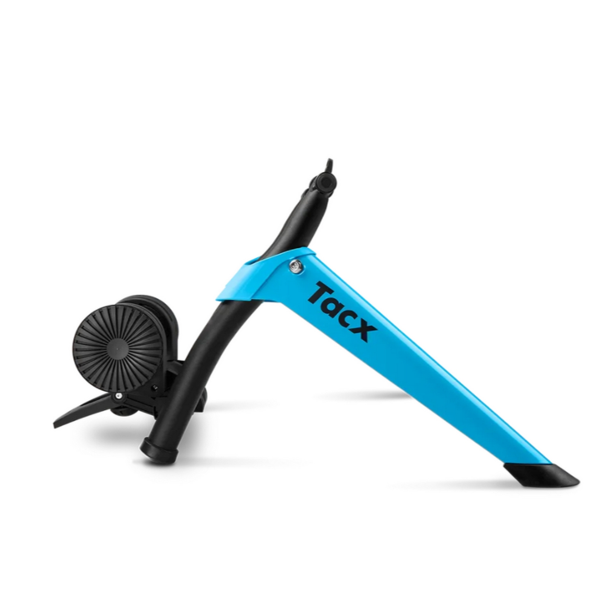 Entrenador de bicicleta azul y negro. La parte azul es el soporte principal y está etiquetada como Tacx.