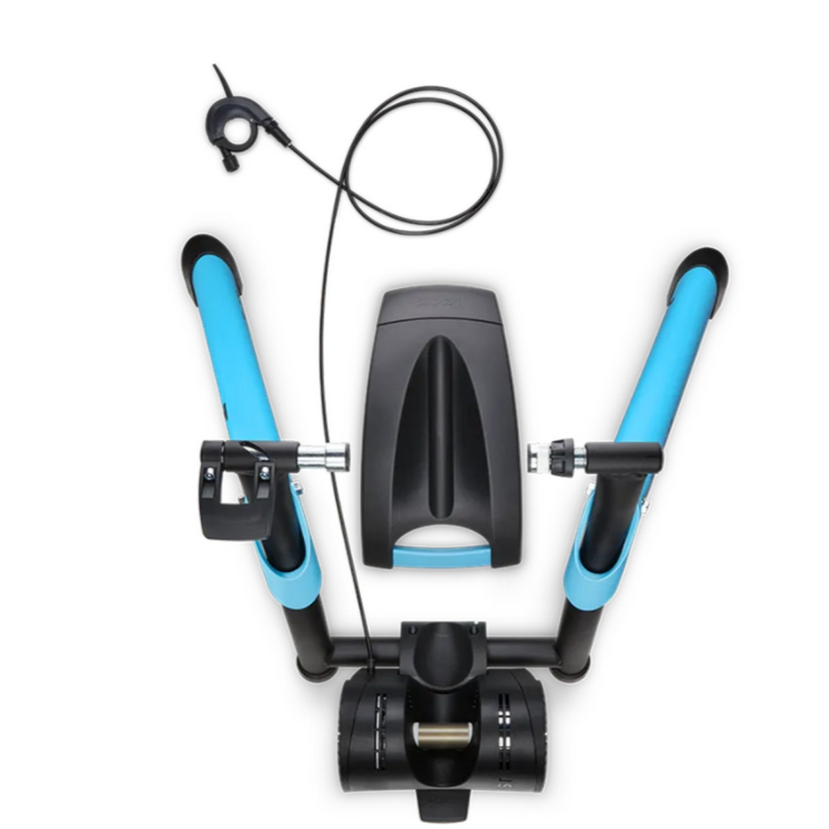 Soporte de entrenamiento para bicicleta de interior, azul y negro, fondo blanco.