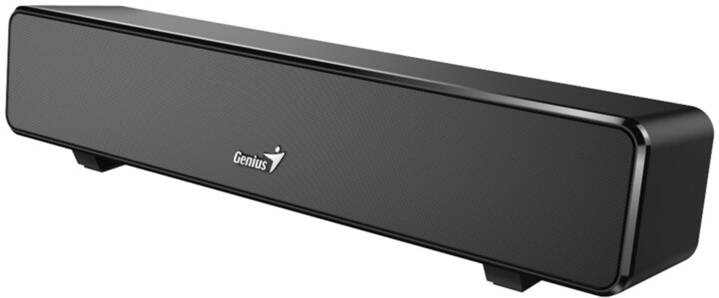 Barra de sonido Genius negra con frontal de malla y carcasa negra, sobre una superficie blanca.