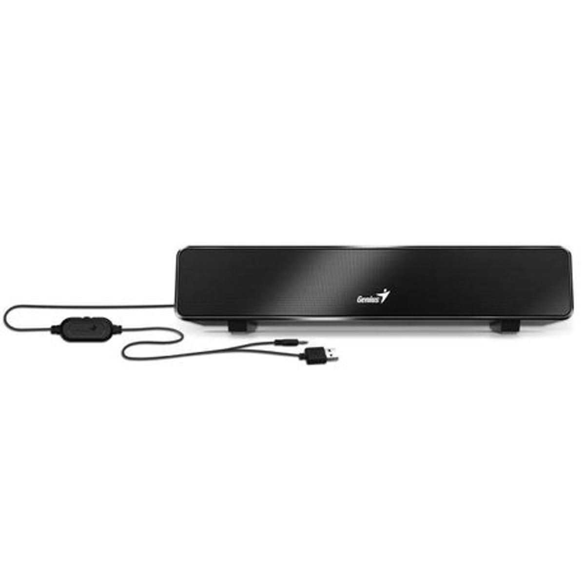 Barra de sonido negra con el logotipo de Genius. Dos cables, uno con control de volumen.