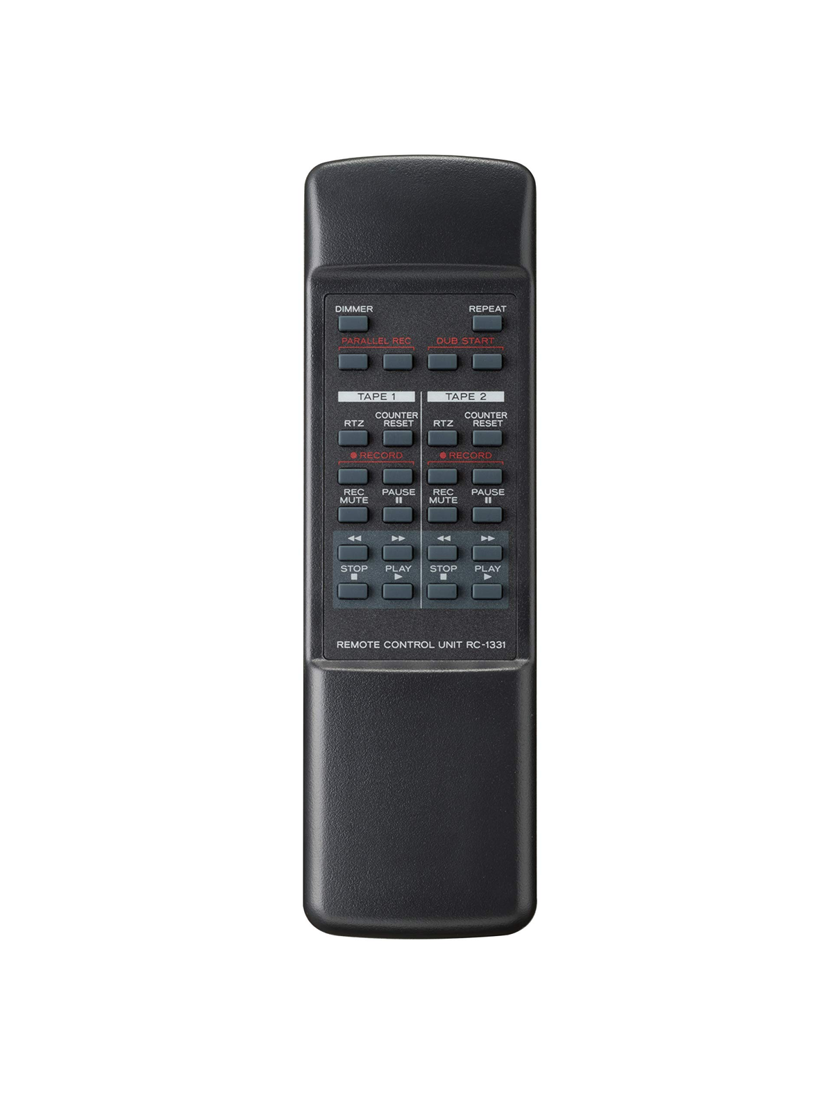 Un mando a distancia negro con botones etiquetados para funciones de cinta.
