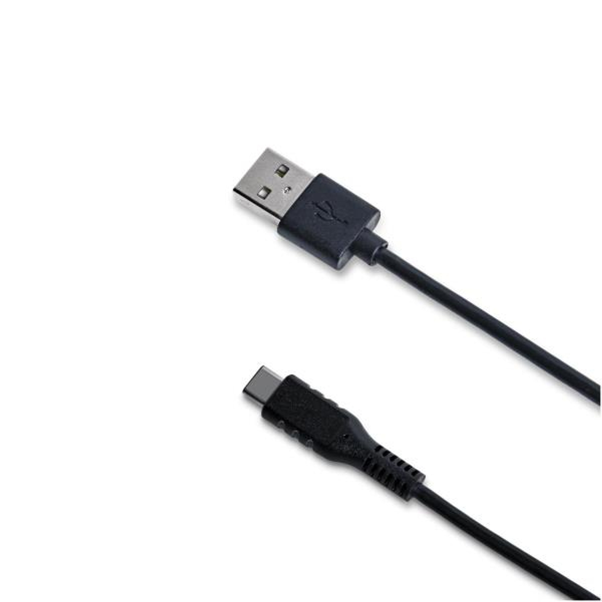 Un cable negro de USB a USB-C. El extremo USB y el extremo USB-C son visibles.