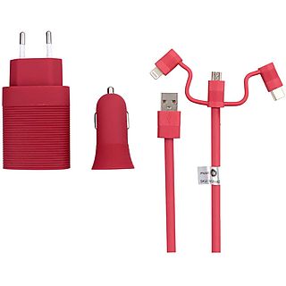 Pack cargador  - PACK/R/CARG/COCHE/USB/CARG/ CASA/USB/ CABLE 3 EN 1 MUVIT, Rojo