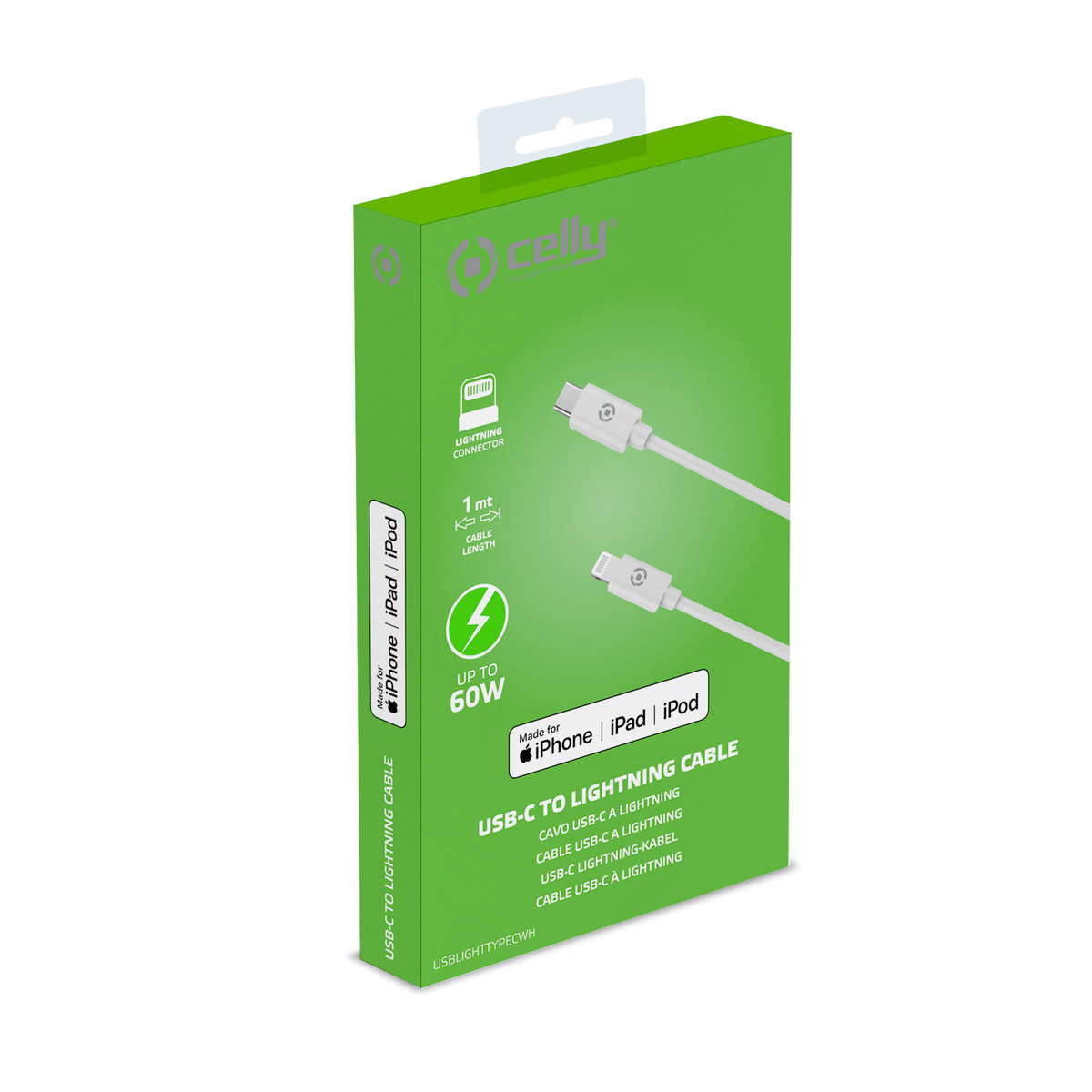 Cable USB-C a Lightning blanco en una caja verde. La caja tiene una imagen del cable.