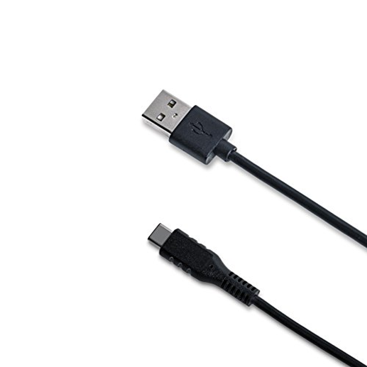 Cable USB a USB-C negro. Conector USB arriba, USB-C abajo.