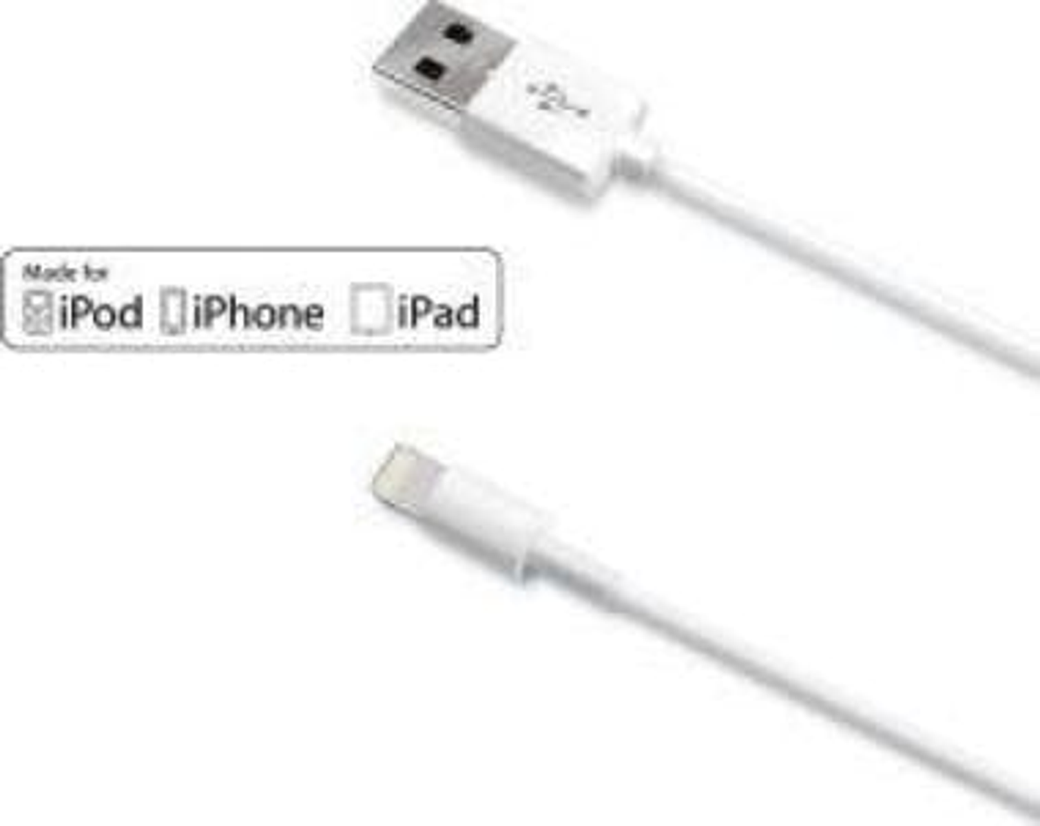 Cable USB blanco con conector USB y conector Lightning, con etiqueta 'Made for iPod/iPhone/iPad'.