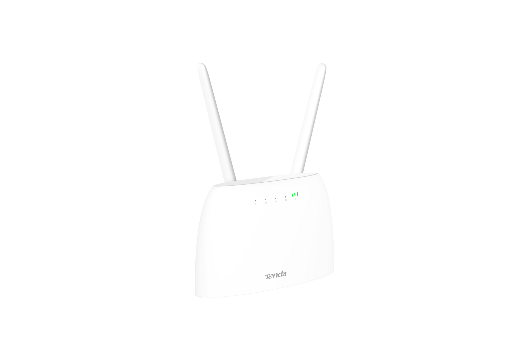 Un router Tenda bianco con due antenne, su sfondo nero.