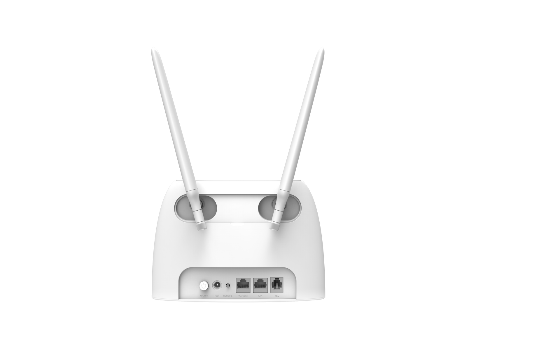 Router Wi-Fi bianco con due antenne rivolte verso l'alto, su sfondo nero.