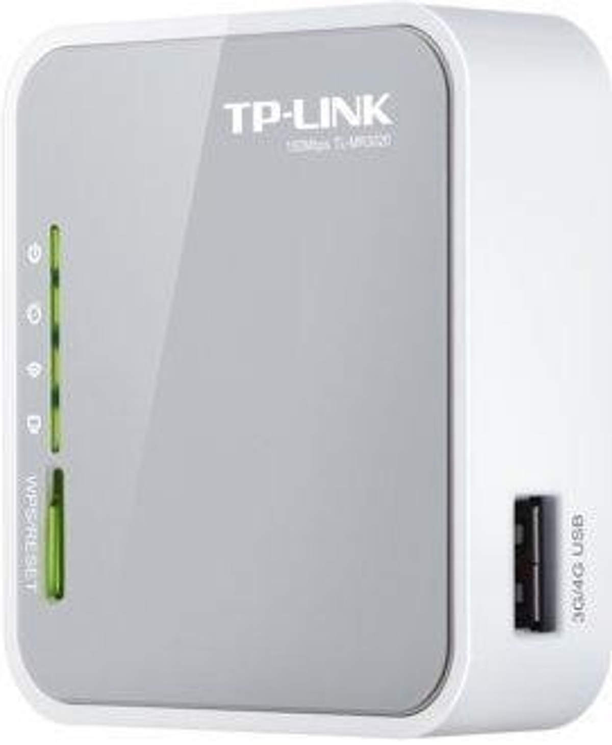 Biało-szary router bezprzewodowy TP-Link z portem USB i diodami stanu.