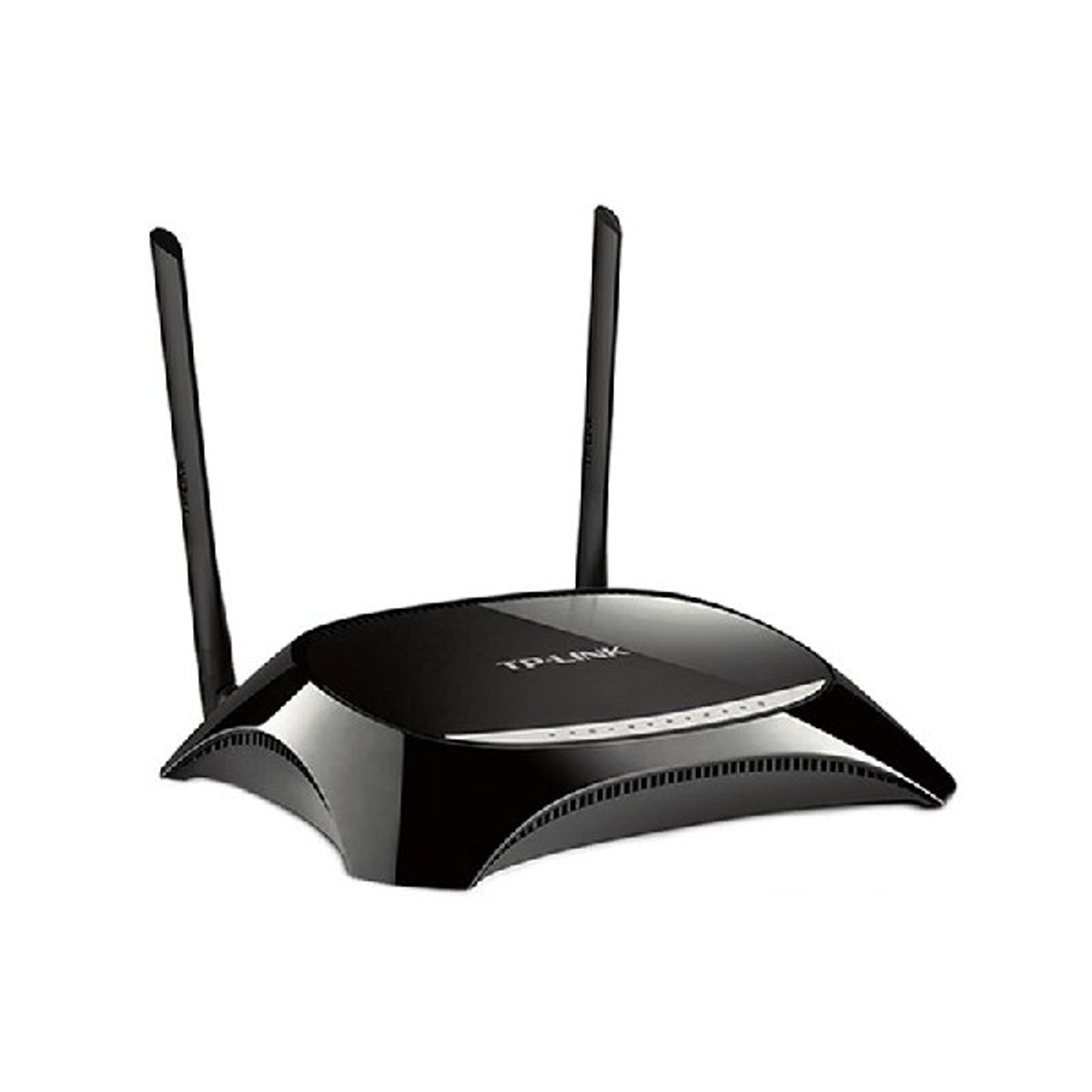 Router nero con due antenne. Sfondo bianco.
