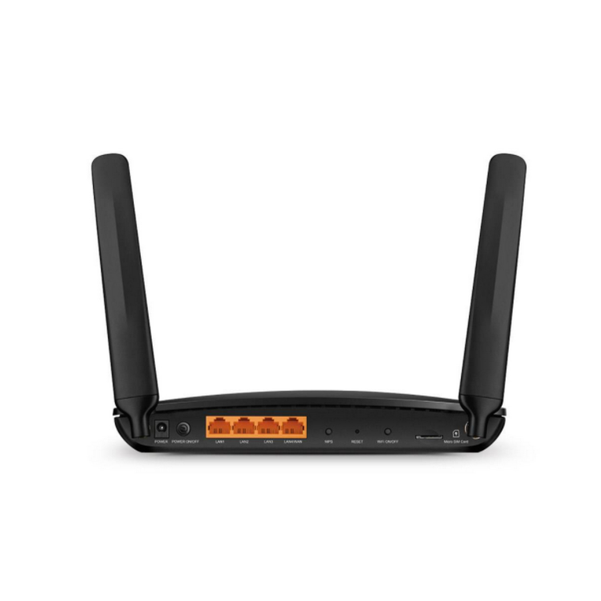 Czarny router z dwiema antenami. Porty z etykietami power, LAN, WAN, LAN/WAN, WPS, reset, wifi, micro sim card.