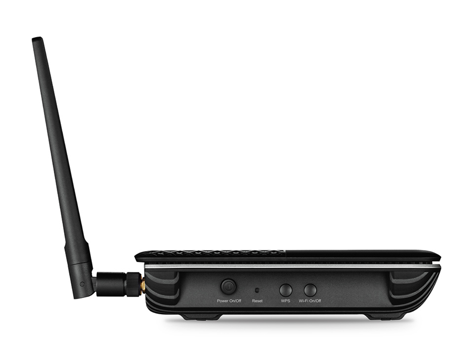 Schwarzer WLAN-Router mit einer Antenne, Seitenansicht.