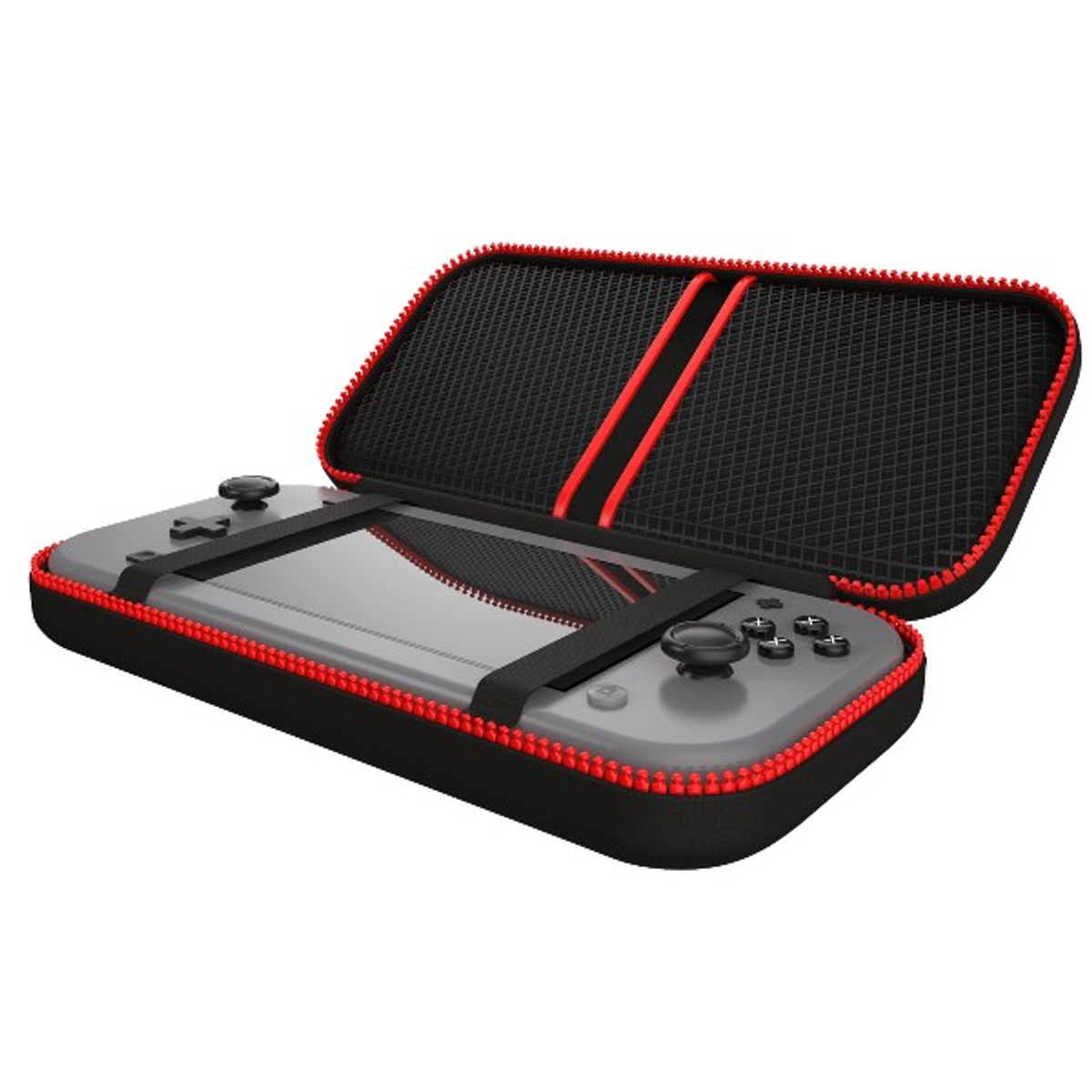 Funda gris para Nintendo Switch, abierta para mostrar una consola dentro, con cremallera roja e interior negro.