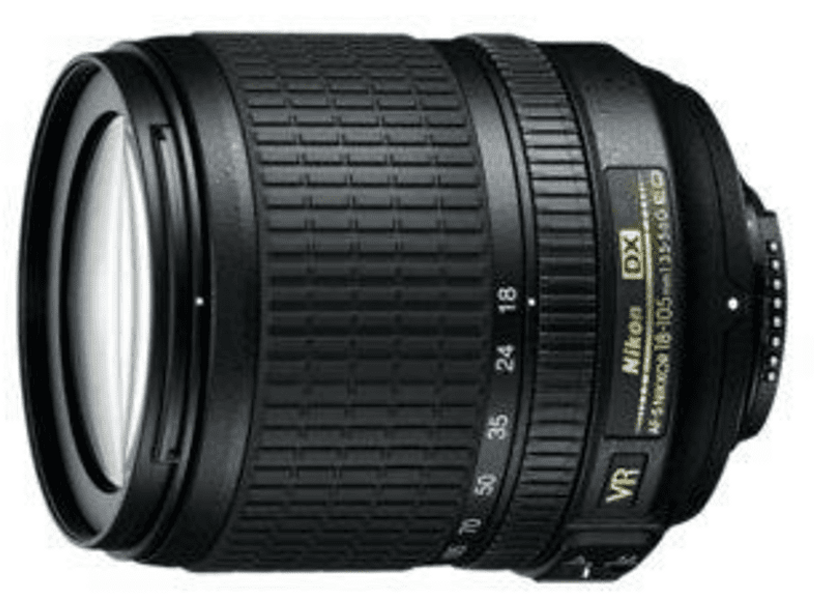 Ein schwarzes Kameraobjektiv mit den Wörtern 'Nikon' und 'DX'.