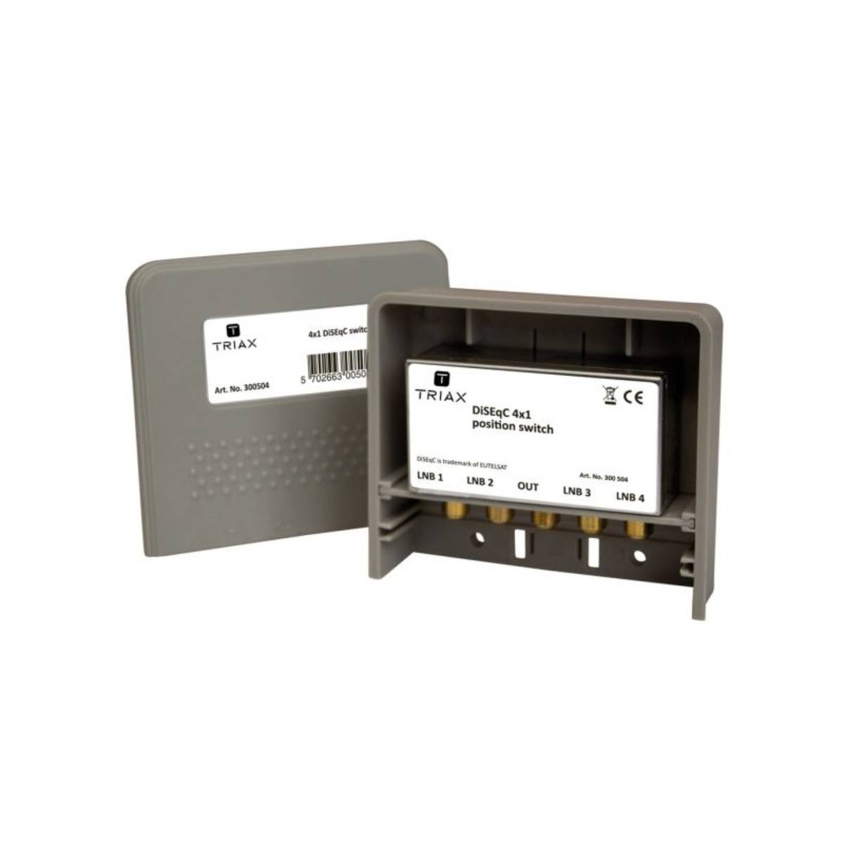 Graue Satellitenschalterbox mit der Marke Triax und mehreren Anschlussports.