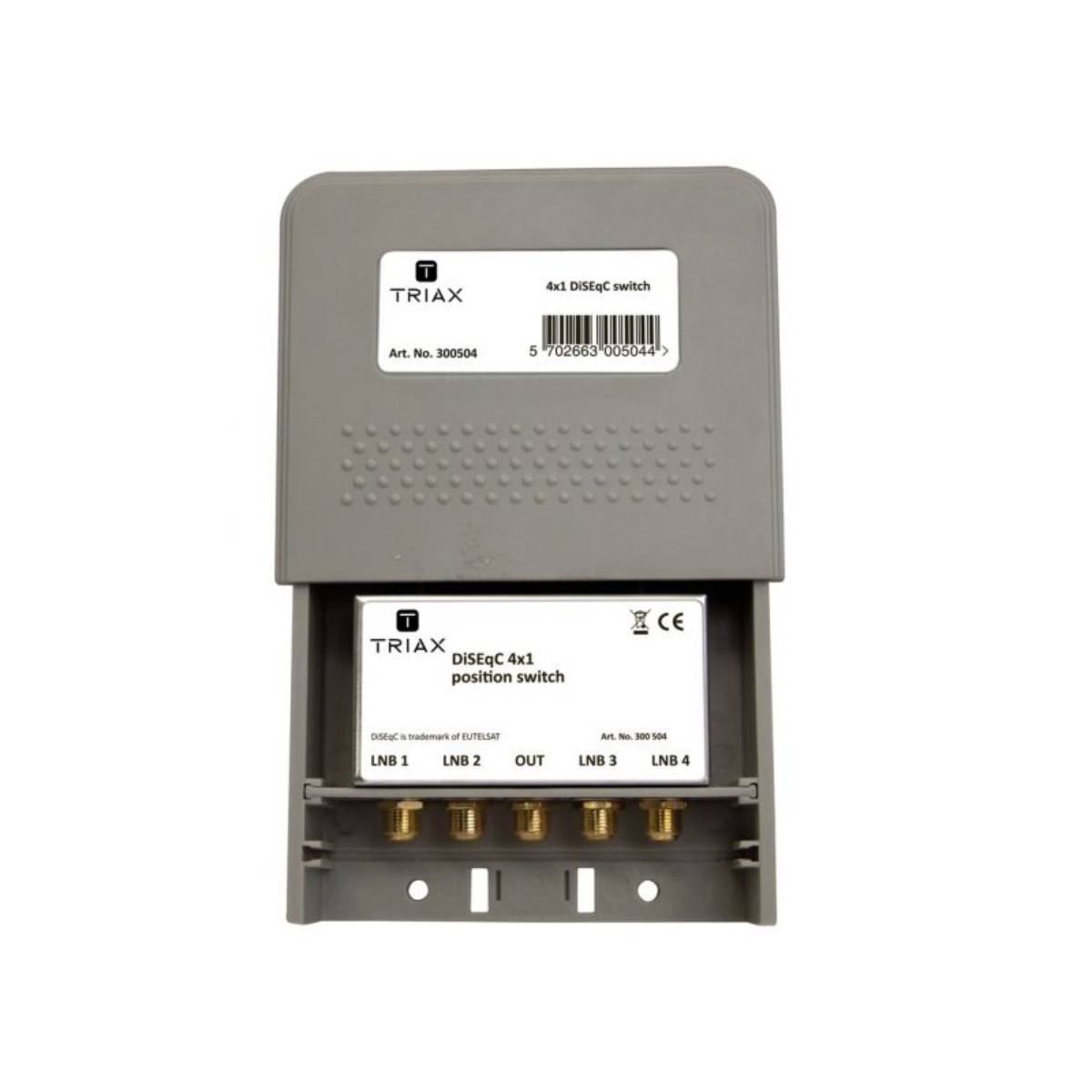 Graue Triax DiSEqC-Switch-Box mit mehreren Ein- und Ausgängen, beschriftet und nummeriert.
