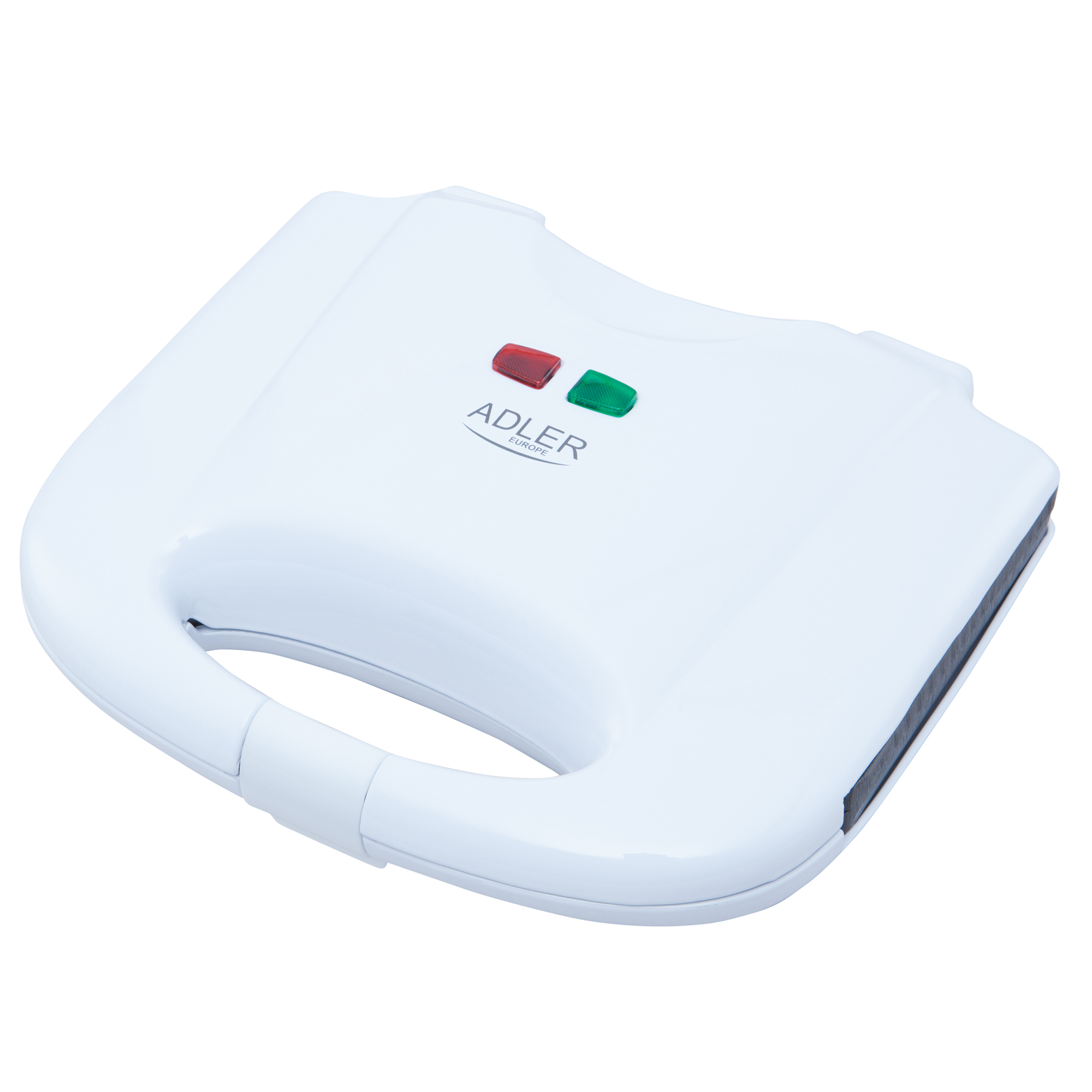 Biała opiekacz do kanapek z czerwonymi i zielonymi kontrolkami i uchwytem, widok z boku.