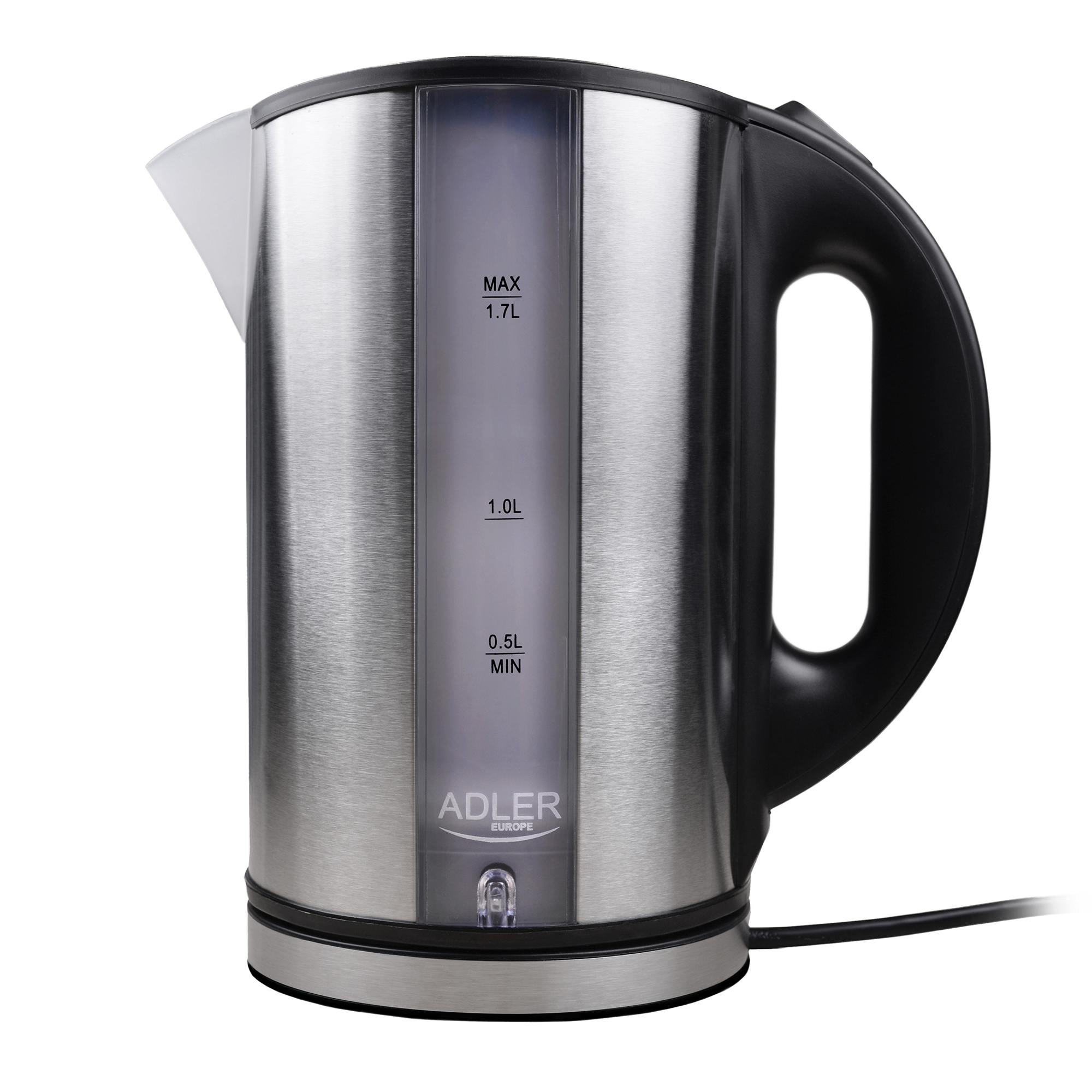 Czajnik elektryczny ze stali nierdzewnej z czarnym uchwytem, ze wskaźnikami poziomu wody.