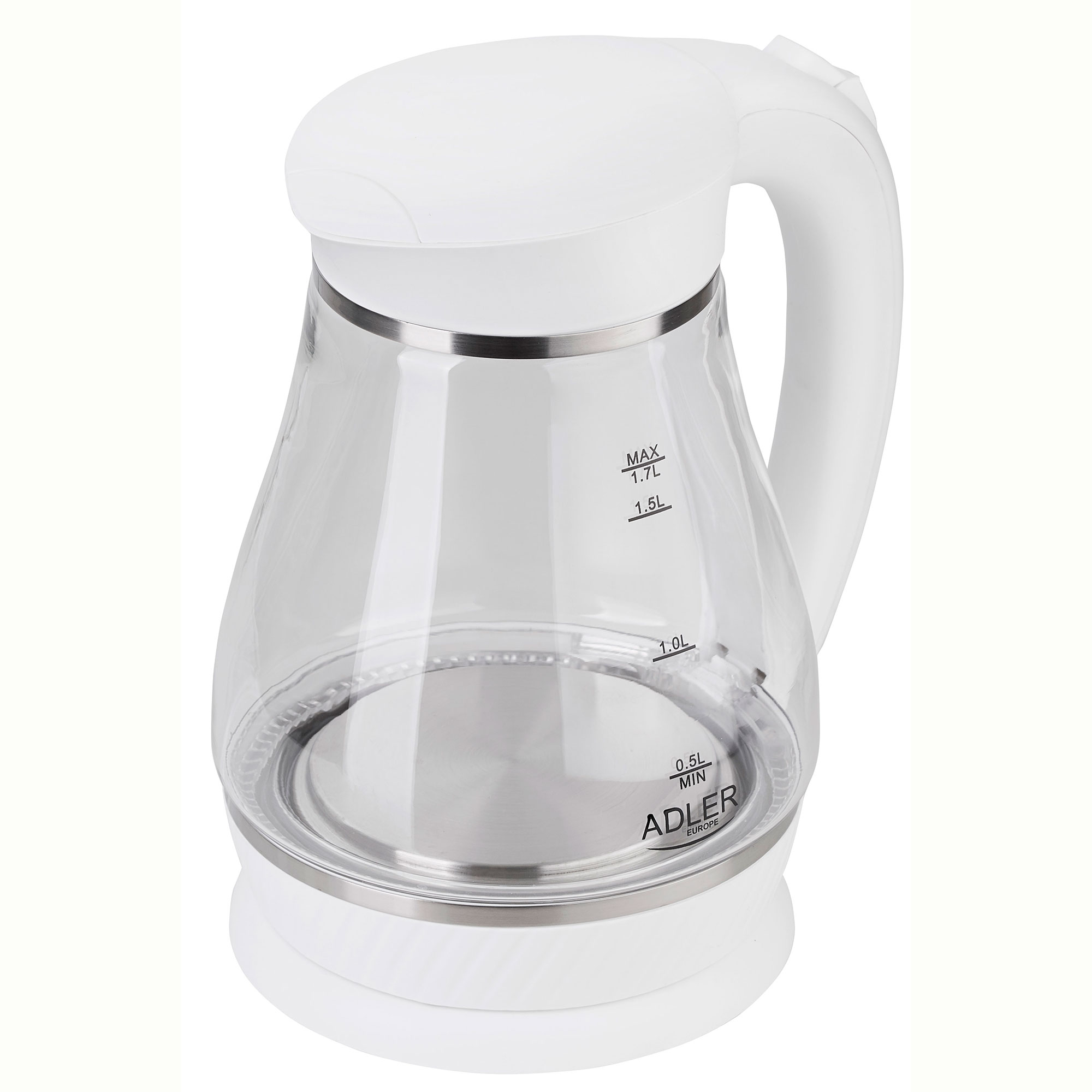 Biały i przezroczysty szklany czajnik elektryczny z uchwytem i liniami pomiarowymi, na białym tle.