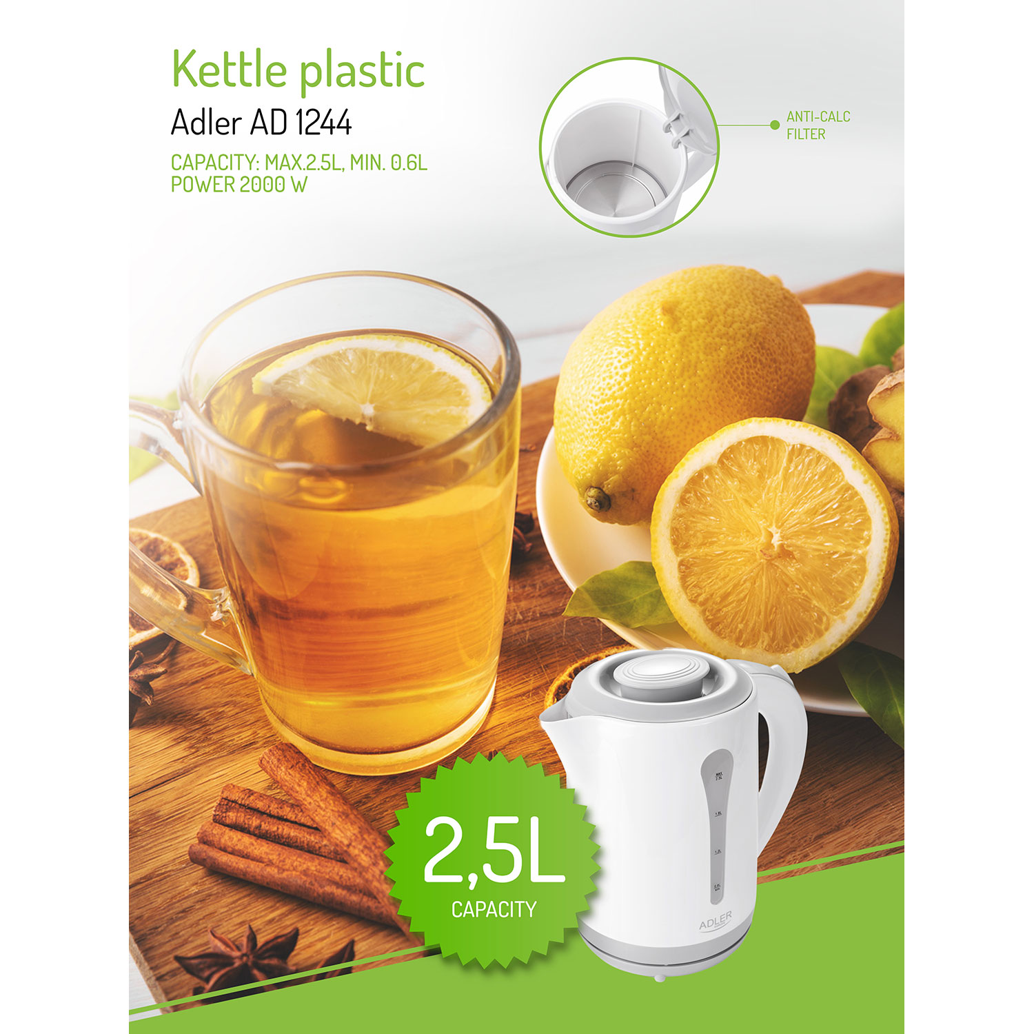 Biały czajnik z cytryną, herbatą i laskami cynamonu, z tekstem o pojemności czajnika.