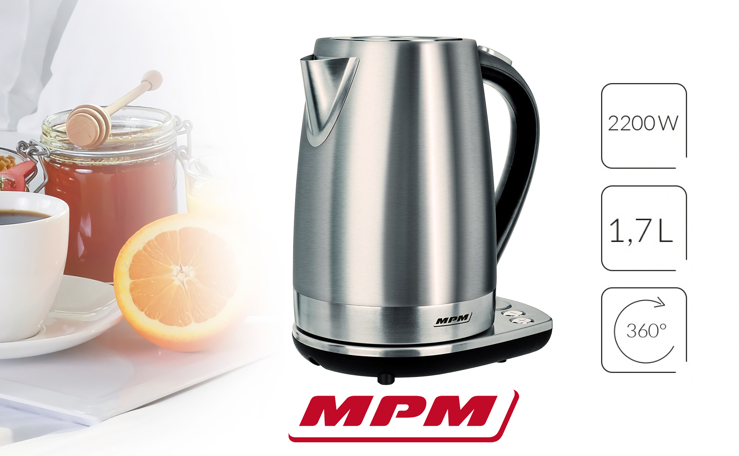 Ein Edelstahlkessel mit schwarzem Sockel, neben einer Tasse, Orange und Honig.