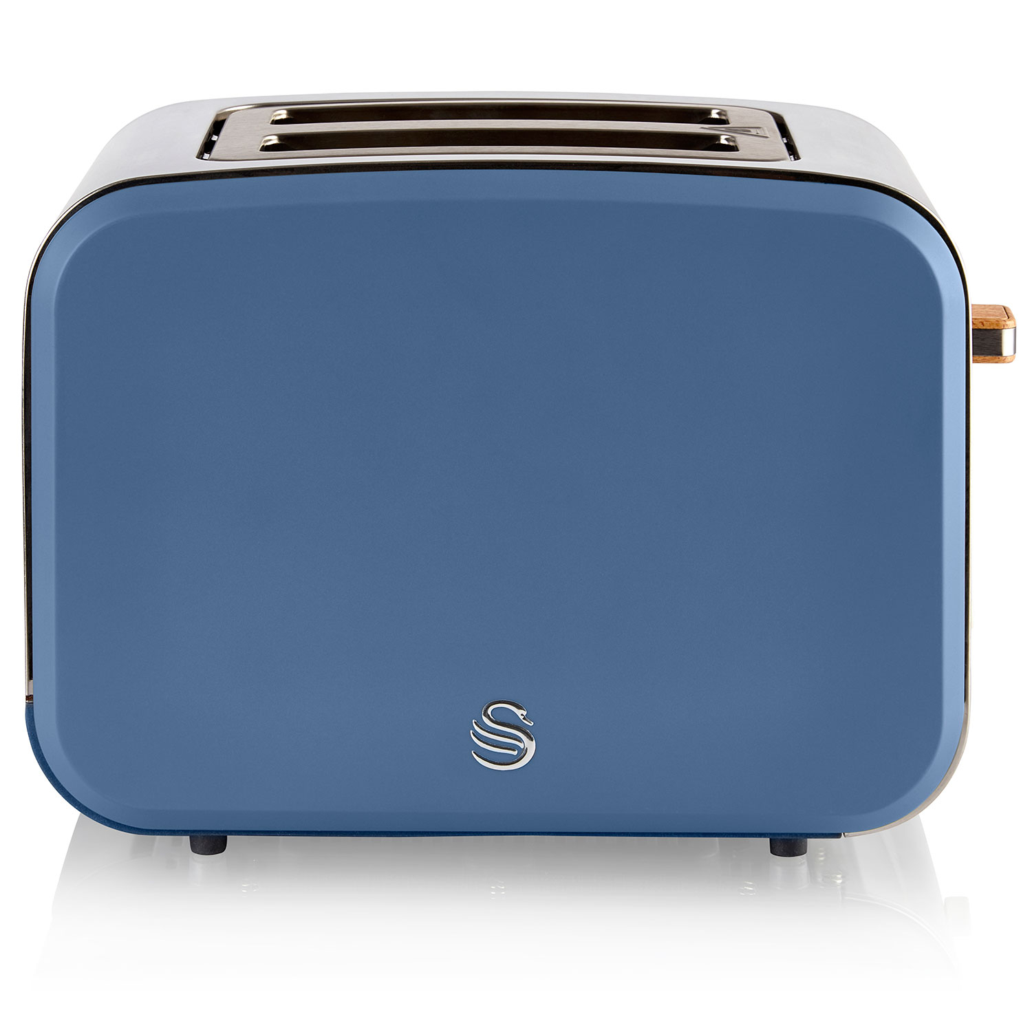 Blauer Toaster mit silbernen Akzenten. Die Vorderseite zeigt ein Schwanenlogo.
