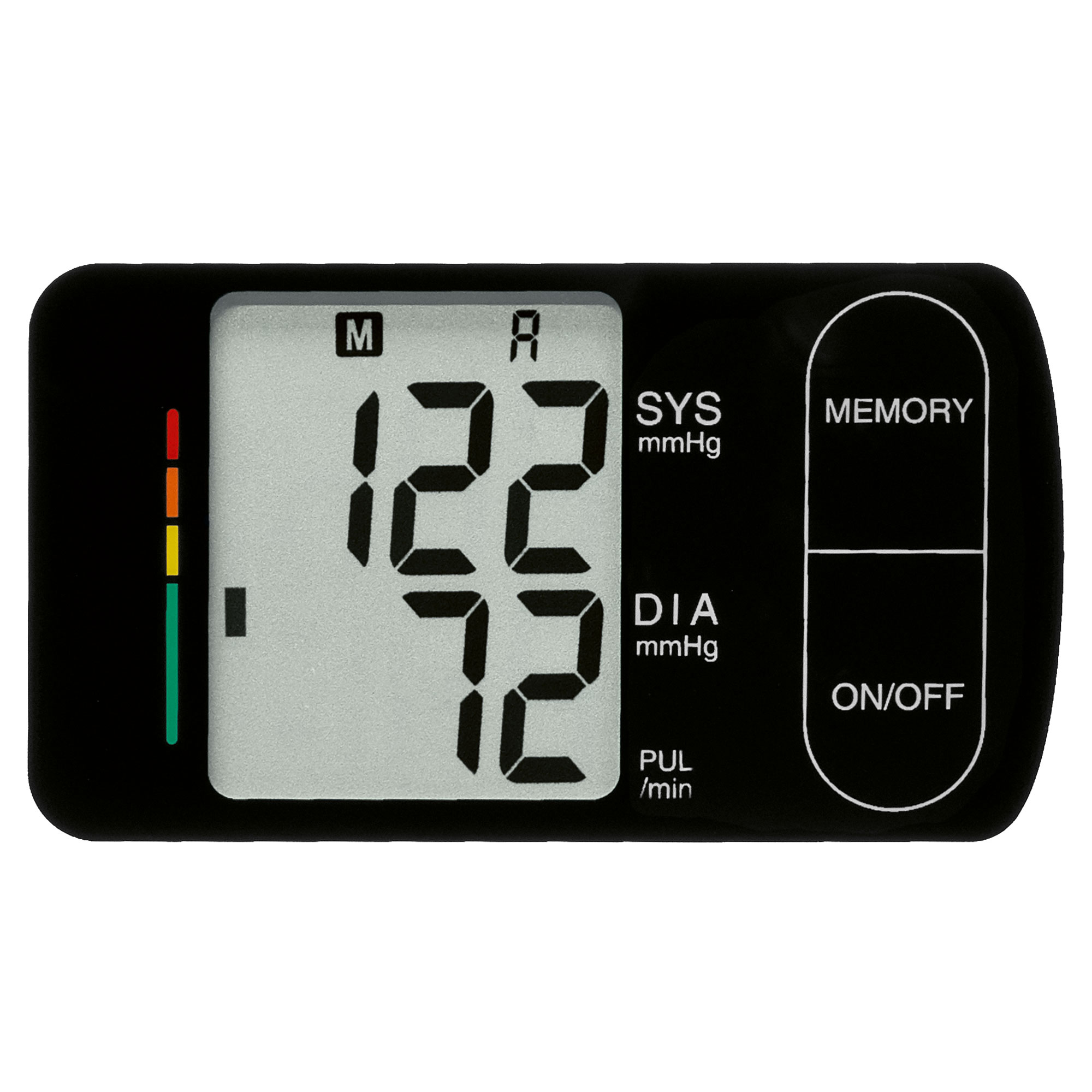 Schwarzes digitales Blutdruckmessgerät mit Anzeige 122/72. 'Memory' und 'ON/OFF' Beschriftungen sichtbar.