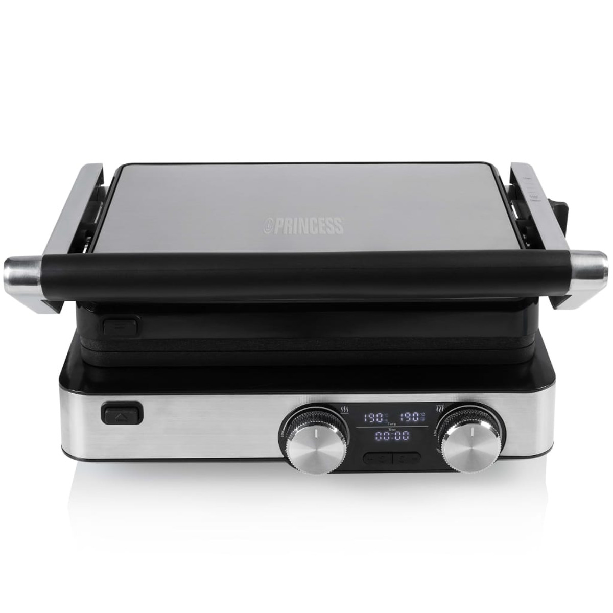 Schwarz-silberner Grill mit Drehreglern und Digitalanzeige.