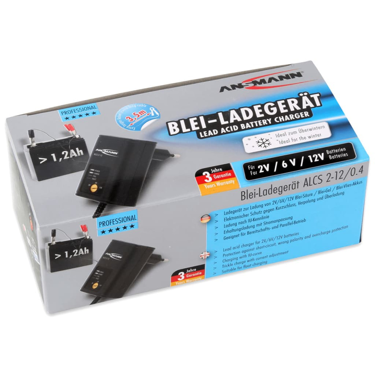 Verpacktes Blei-Säure-Batterieladegerät mit Text, einschließlich 3 Jahre Garantie. Die Box zeigt Ladegeräte.