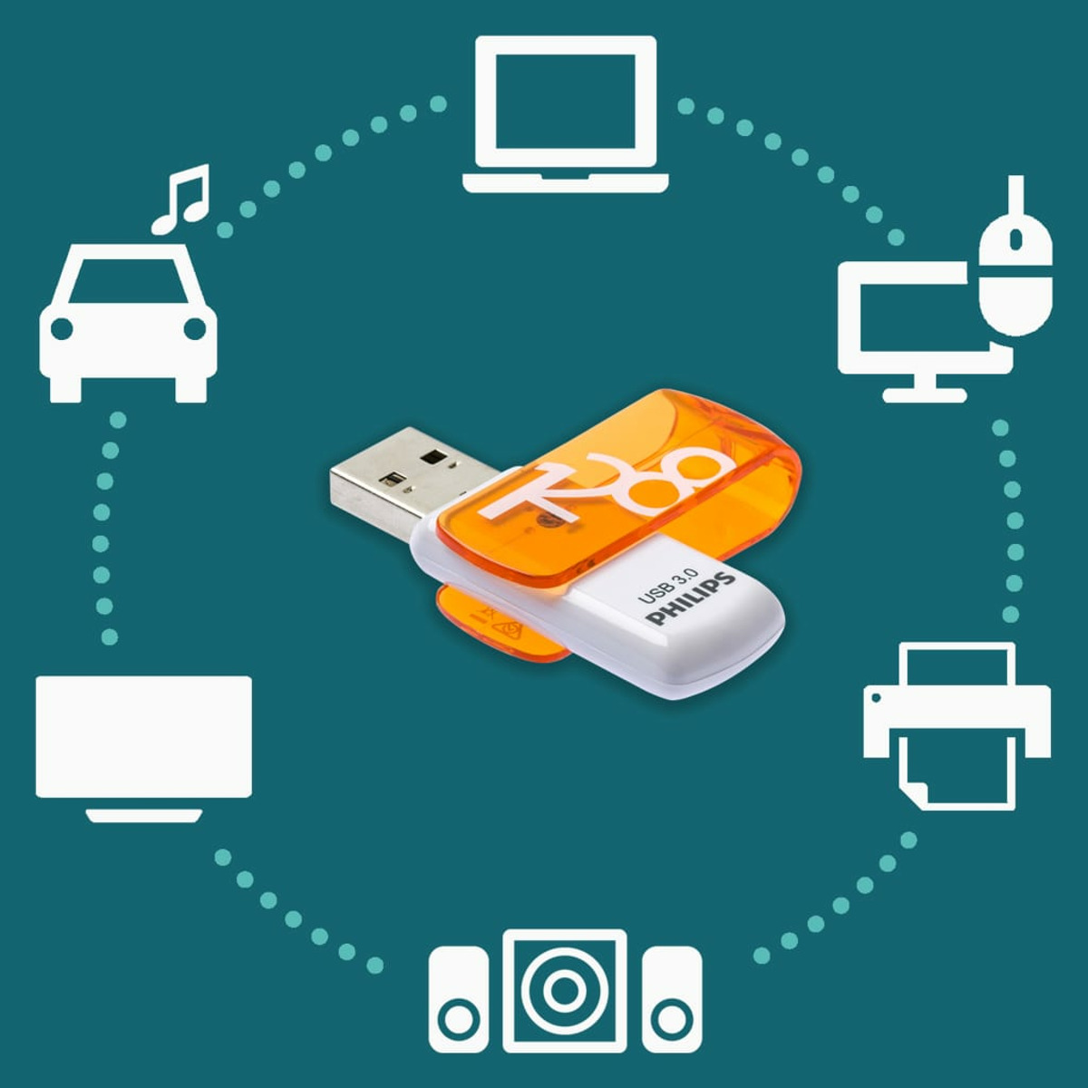 Pomarańczowy i biały pendrive otoczony ikonami urządzeń technologicznych.