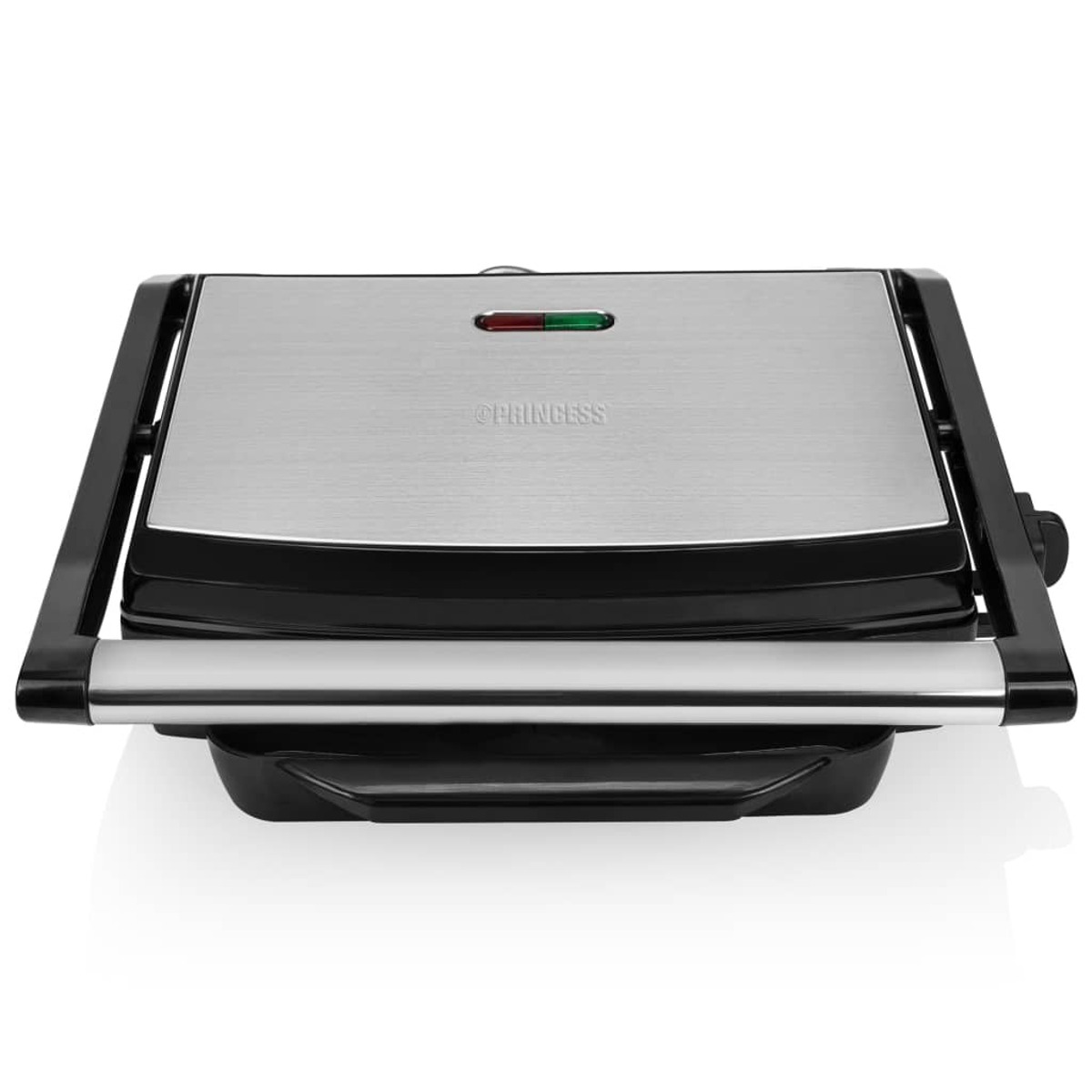 Silver and black Princess sandwich maker. Indicator lights on top. Black handle.