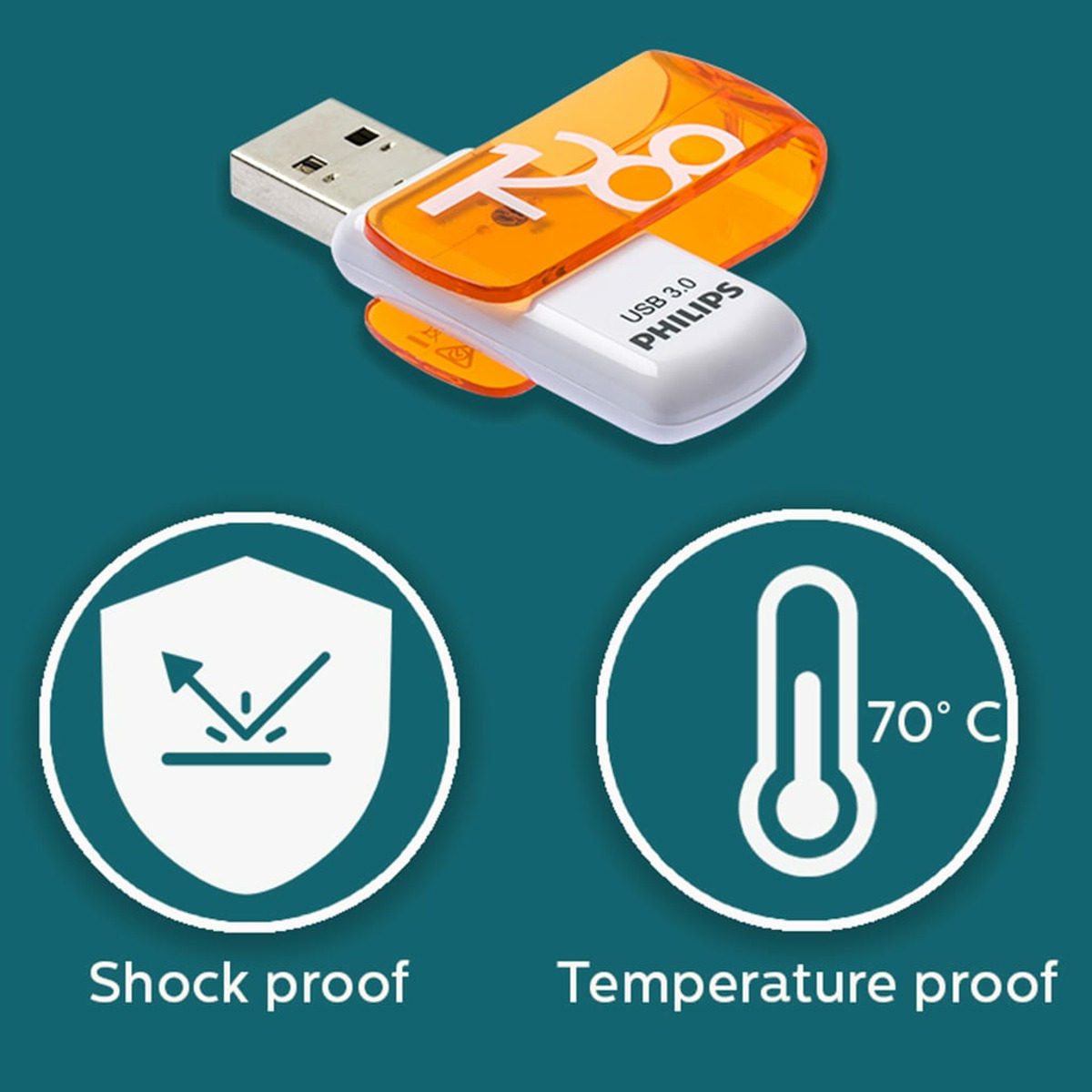 Pomarańczowo-biały pendrive Philips, z ikonami odporności na wstrząsy i temperaturę.