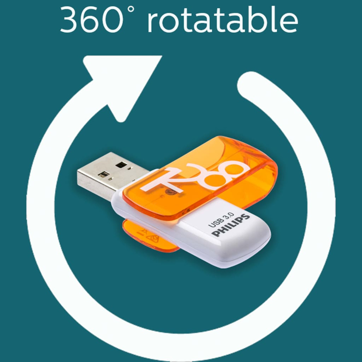 Dysk USB Philips w pomarańczowo-białym designie. U góry tekst "360° rotatable".