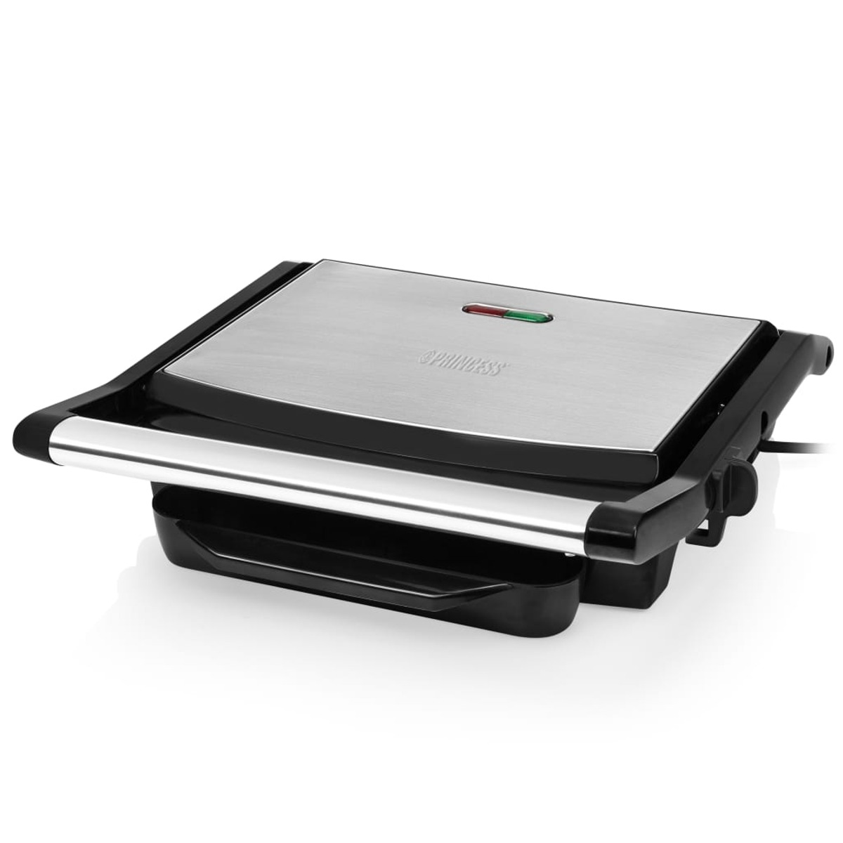 Black and silver panini press with a red and green light indicator.